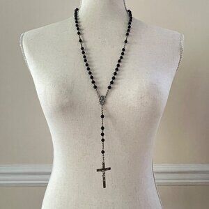 Vintage DiRoma Sterling Silver Black Rosary Beads Necklace Lady Mt Carmel